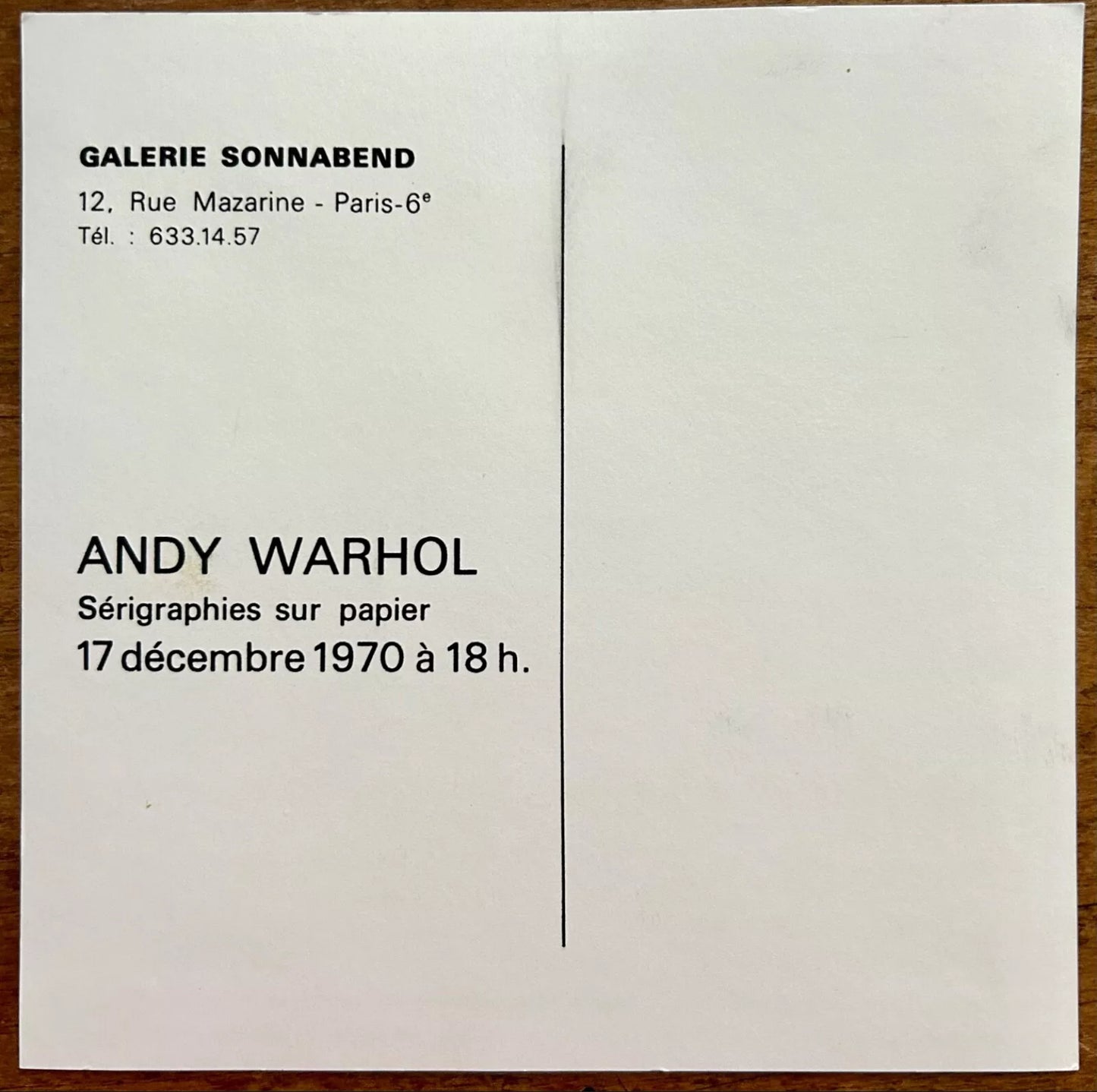 Andy Warhol – Invito Galleria Sonnabend 1970