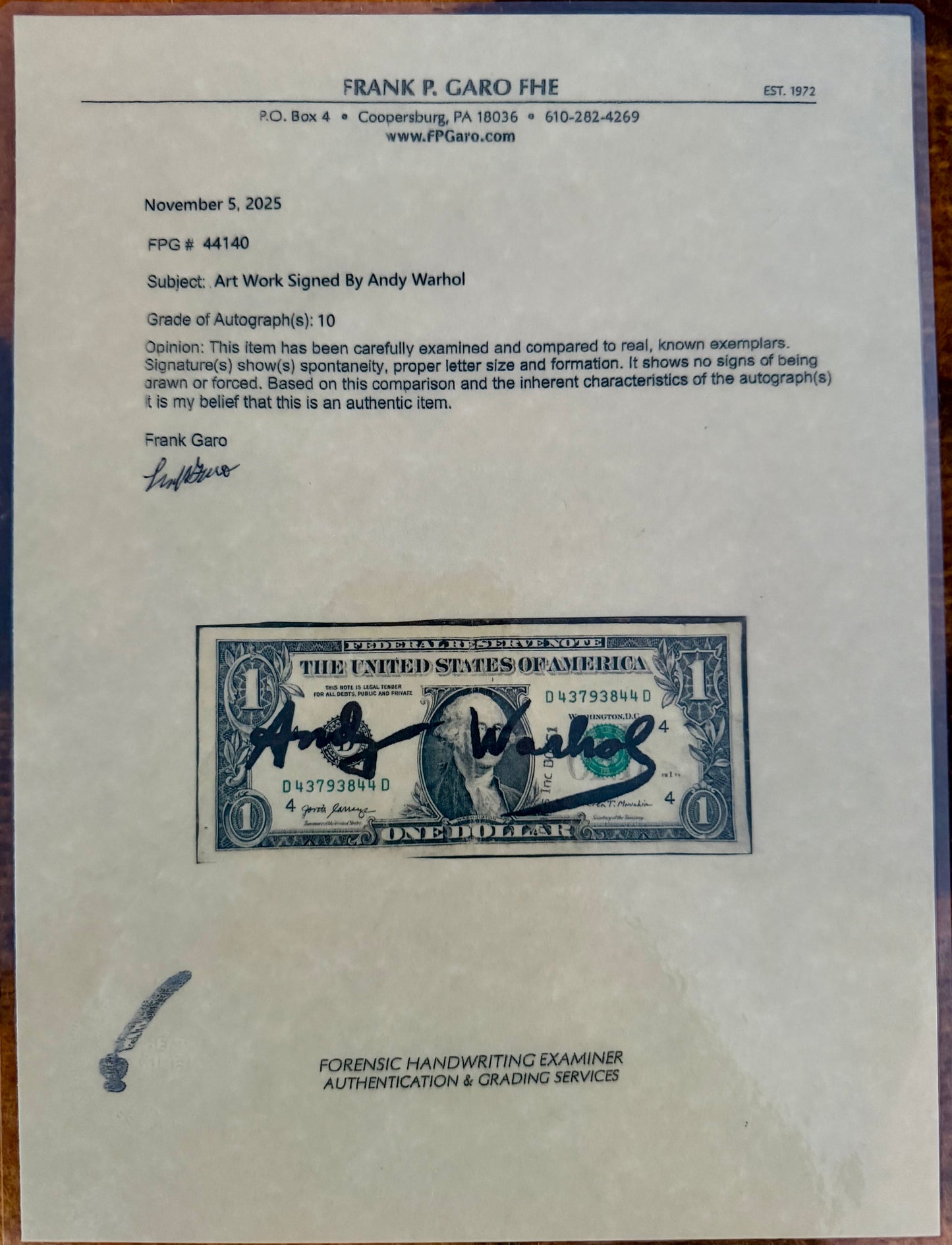 Andy Warhol – Original Signed One Dollar Bill (1976)